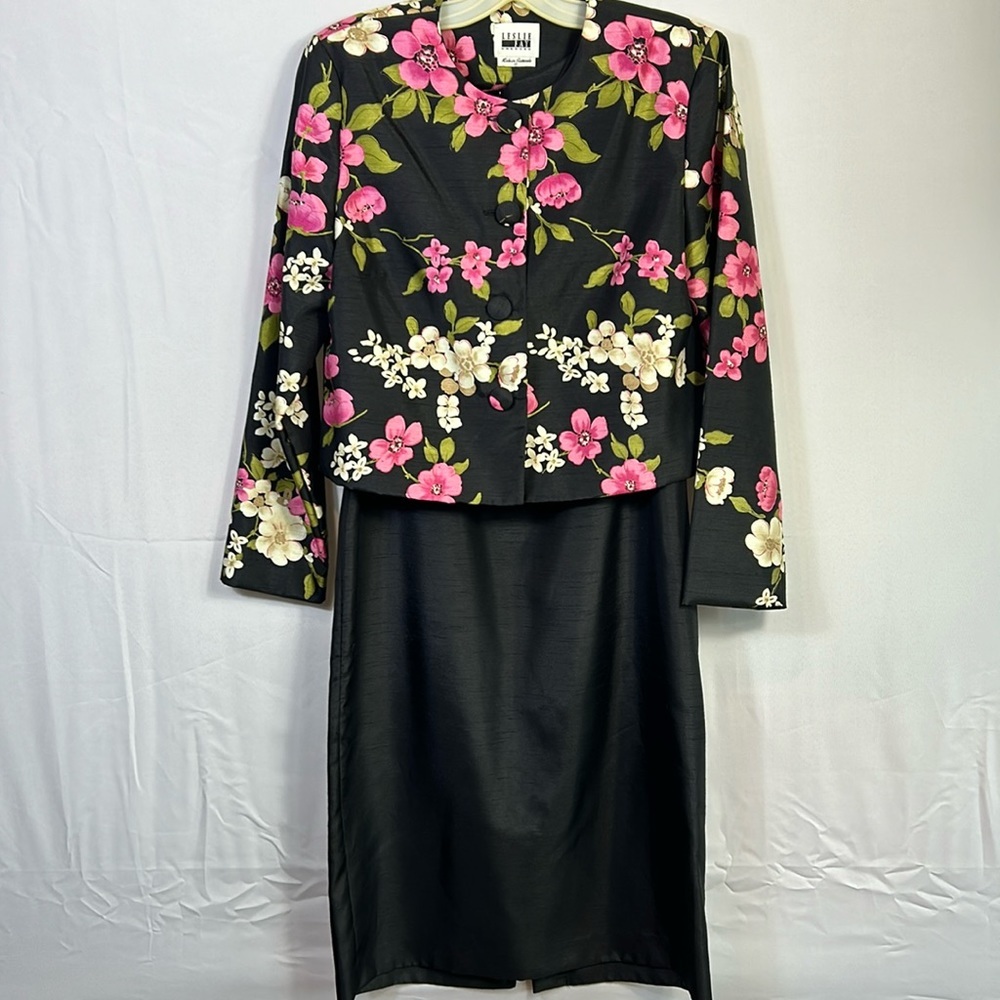 Leslie Fay Dress Size 10 Floral Padded Shoulder Jacket Black Dress Like new